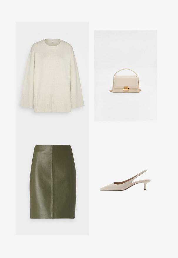 Ljus beige tröja gjord av mjukt stickat tyg, med rund halsringning, sänkta axlar och ribbade detaljer vid nederkant och ärmar.; Olivgrön läderminikjol med en slät textur, med en enkel design och en central söm som går ner längs baksidan.; Beige slingbackklackar med spetsig tå och en låg, utsvängd klack. Tillverkade av slätt läder med en minimalistisk design och justerbar rem.; Beige läderhandväska med en strukturerad design, ett toppenhandtag, kedjeaxelrem och en lås i guldmetall. Slät yta och rena linjer.