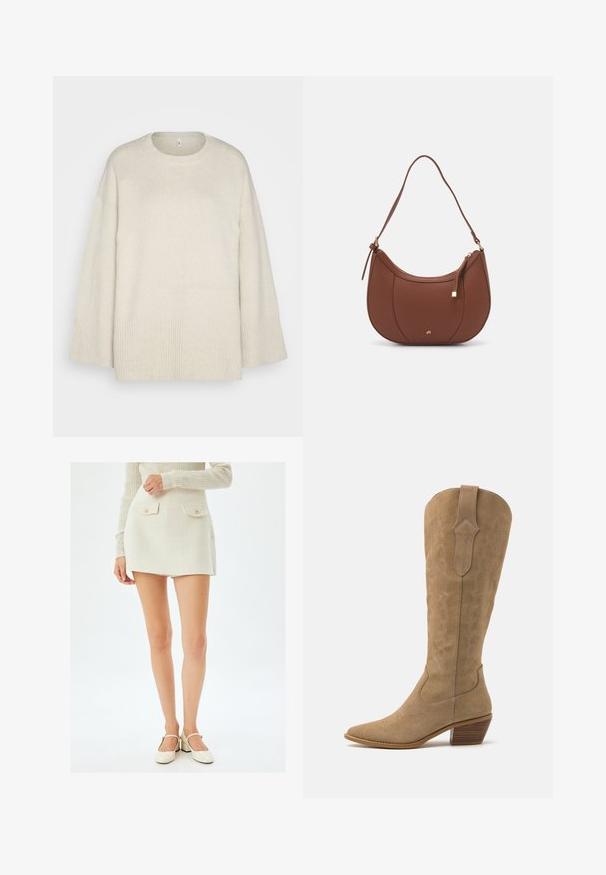 Lichtbeige sweater van zachte gebreide stof, met een ronde halslijn, verlaagde schouders en ribbelaccenten aan de zoom en mouwen.; Witte, gestructureerde mini-rok met twee voorzakken en gouden knopen, gecombineerd met crèmekleurige hoge hakken. De rok heeft een rechte snit.; Tan suède cowboylaarzen met een spitse neus, middelhoog schacht en decoratieve stiknaden langs de zijkanten. Voorzien van een gestapelde houten hak.; Bruine faux leren schoudertas met een gebogen vorm, minimale stiksels en een gouden hardware-accent. Voorzien van een bovenste ritsluiting en een verstelbare schouderband.