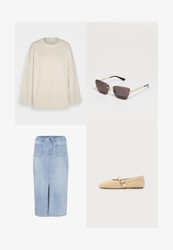 Šviesiai rusvas megztinis, pagamintas iš minkštos pynės medžiagos, su apvaliu iškirpimu, nukritusiais pečiais ir banguotais akcentais ant apačios ir rankovių.; Šviesiai mėlyna džinsinė midi sijonas su priekinėje dalyje plyšiu, penkiomis kišenėmis, prigludusia juosmens linija su diržo kilpomis ir sagčių uždarymu.; Beige nertiniai balerinų bateliai su smailiu pirštu, dekoruotu užsegimu ir žemu profiliu. Minkšta tekstūra su paprastu dizainu.; Rudos atspalvių kvadratiniai saulės akiniai su auksiniais metaliniais akcentais, turintys plonas, kampuotas triunaku formas. Ant lęšių išgraviruotas logotipas.; Geltona klostuota rankinė, pagaminta iš lygaus dirbtinio odos, su minkšta forma, vienu peties dirželiu ir surinktu viršumi.