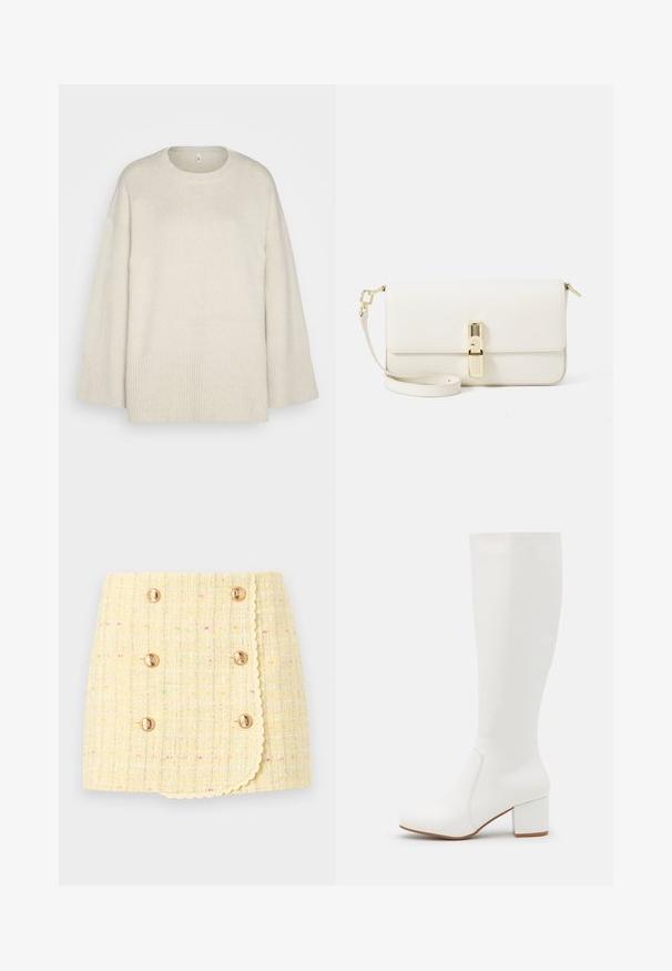 Gaišs beidzis džemperis, kas izgatavots no mīksta adījuma, ar apaļu kakla izgriezumu, nolaistām plecu līnijām un ribotām apdari ap apakšmalu un piedurknēm.; Dzeltena tvīda svārki ar teksturētu apdari, divpusēju dizainu, zelta pogām un viļņotu apakšmalu. Satur krāsainas plankumi visā svārku virsmā.; Baltas līdz ceļgaliem augstpapēžu zābaks ar gludu, spīdīgu apdari. Kvadrāta formas bloka papēdis un smalks šuvums gar sāniem.; Balta ādas crossbody somiņa ar teksturētu apdari, taisnstūra forma, zelta krāsas furnitūra un noņemama siksna.