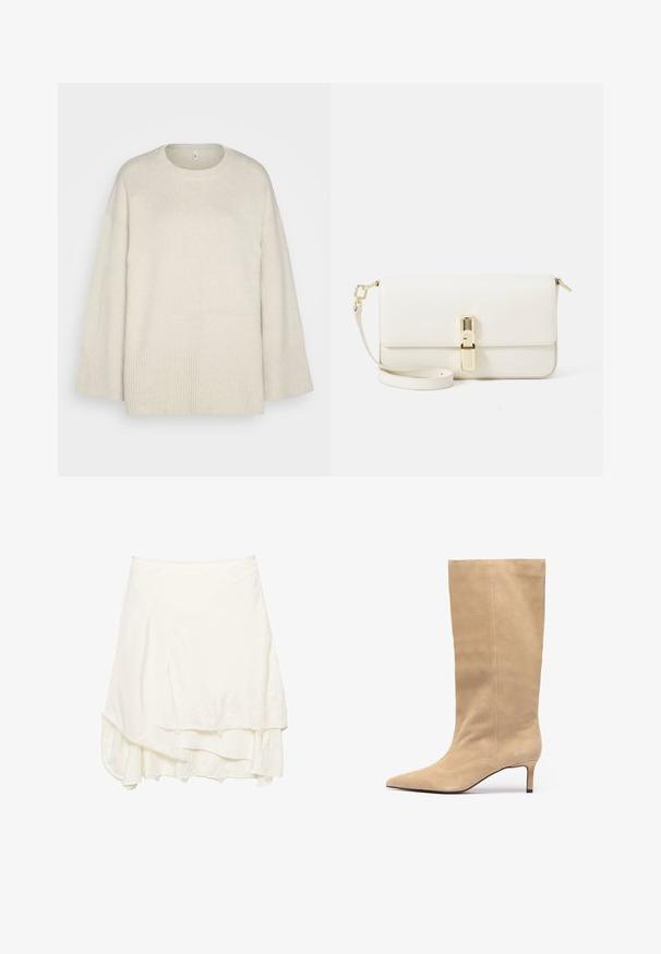 Pull léger beige en tissu tricot doux, avec un col rond, des épaules tombantes et des accents côtelés au bas et aux manches.; Jupe enveloppante blanche avec un design en couches, présentant des détails en dentelle texturée le long de l'ourlet, un tissu doux et une silhouette fluide.; Botte en daim beige, montant jusqu'au genou, avec un bout pointu et un talon fin. Présente des coutures verticales le long de la tige pour un détail supplémentaire.; Sac bandoulière en cuir blanc avec une finition texturée, de forme rectangulaire, fermoir en métal doré et bandoulière amovible.