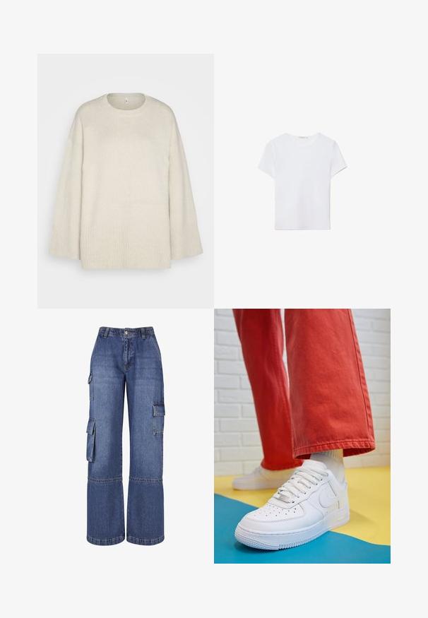 Svetle béžový svetr vyrobený z měkké pleteniny, s kulatým výstřihem, spadlými rameny a žebrovanými detaily na lemu a rukávech.; Bílá tričko s krátkým rukávem vyrobené z měkké látky. Má kulatý výstřih a jednoduchý, čistý design s rovnou spodní částí.; Džínové cargo kalhoty s širokými nohavicemi v středně modré barvě, se spoustou bočních kapes, zapínáním na knoflík a kontrastním prošíváním podél švů.; Bílé kožené tenisky s perforovanou špičkou, texturovanou podešví a bílými tkaničkami, v kombinaci s širokými červenými kalhotami a modro-žlutým pozadím.