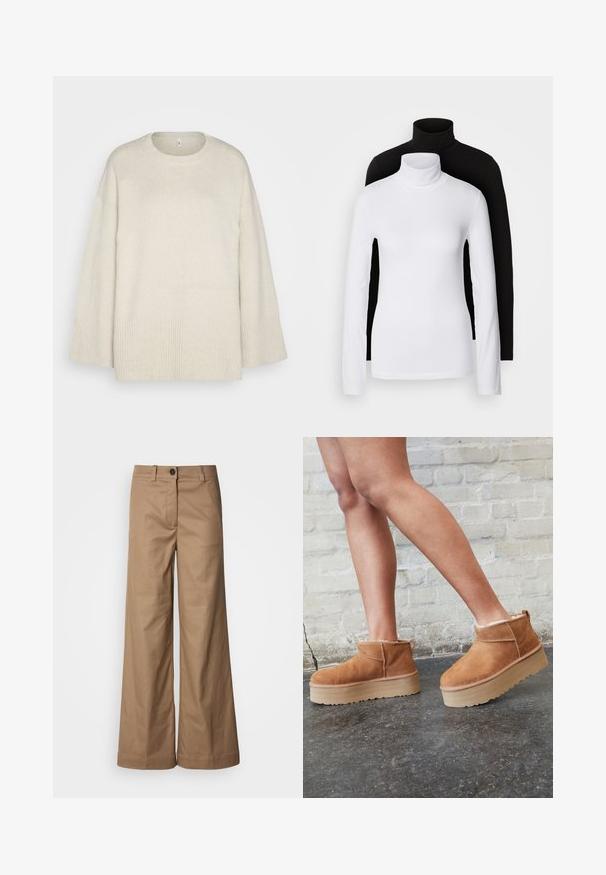 Pulover bej deschis, fabricat dintr-un material tricotat moale, cu guler rotund, umeri lăsați și accente cu nervuri la tiv și la mâneci.; Două bluze cu mânecă lungă și guler înalt, una albă și una neagră, realizate dintr-un material neted și elastic, ambele având un design slim-fit.; Pantaloni cu picioare largi, dintr-un material neted, de culoare bej. Au un sistem de închidere în față cu nasture, bucle pentru curea și buzunare laterale. Linii curate, fără modele vizibile.; Botine din suede maro, cu căptușeală moale, talpă platformă groasă de culoare bej și sistem de prindere în partea din spate. Suprafață texturată cu detalii de cusătură vizibile.