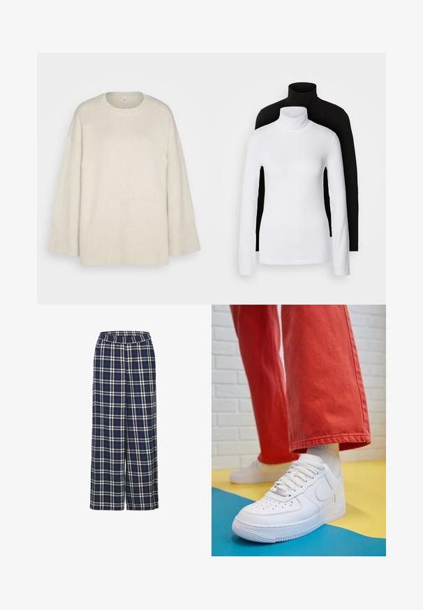 Šviesiai rusvas megztinis, pagamintas iš minkštos pynės medžiagos, su apvaliu iškirpimu, nukritusiais pečiais ir banguotais akcentais ant apačios ir rankovių.; Du kišeninės ilgomis rankovėmis turtleneck marškiniai, vieni balti, kiti juodi, pagaminti iš lygaus, tampraus audinio, abu su siauru figūrą pabrėžiančiu dizainu ir aukštais apykaklėmis.; Plačiai išslepiančios kelnės tamsiai mėlynos spalvos, languotos raštas su baltais ir juodais brūkšneliais. Turinti elastinį juosmenį ir minkštą audinio struktūrą.; Baltos odinės kedų sportbačiai su perforuotu pirštu, tekstūruota pado dalimi ir baltais raišteliais, derinami su plačiomis raudonomis kelnėmis ir mėlynos bei geltonos spalvų fono kompozicija.