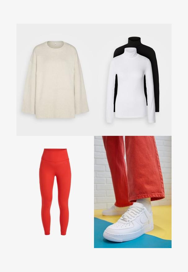 Light beige sweater made of soft knit fabric, with a round neckline, dropped shoulders, and ribbed accents at the hem and sleeves.; Two long-sleeve turtleneck tops, one white and one black, made of a smooth, stretchy fabric, both featuring slim-fitting design and high collars.; Red high-waisted leggings with a smooth texture, featuring a side pocket and a small logo above the waistband. Form-fitting design.; White leather sneaker with perforated toe box, textured sole, and white laces, paired with wide red pants and a blue and yellow background.