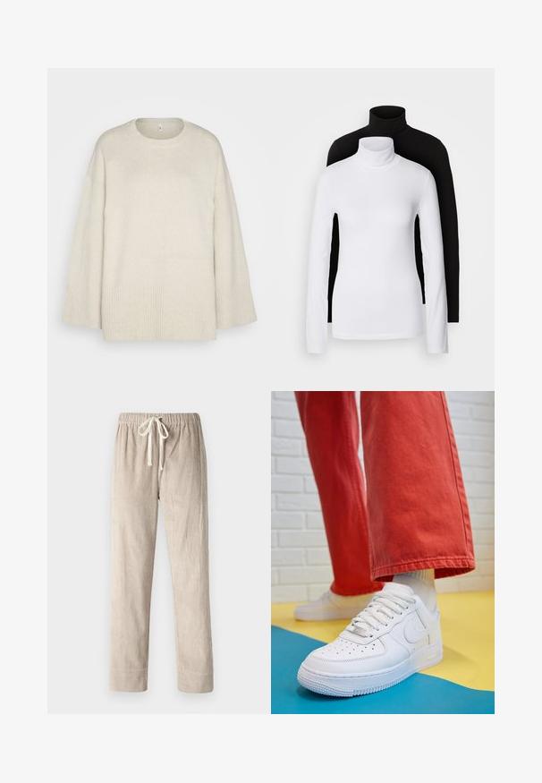 Pull léger beige en tissu tricot doux, avec un col rond, des épaules tombantes et des accents côtelés au bas et aux manches.; Deux tops à manches longues en col roulé, l'un blanc et l'autre noir, fabriqués dans un tissu lisse et extensible, tous deux dotés d'une coupe ajustée et de cols hauts.; Pantalons en velours côtelé beige à coupe droite, avec une taille élastique et un cordon de serrage réglable, texture lisse avec des côtes verticales.; Baskets blanches en cuir avec une boîte à orteils perforée, semelle texturée et lacets blancs, associées à un large pantalon rouge et un fond bleu et jaune.