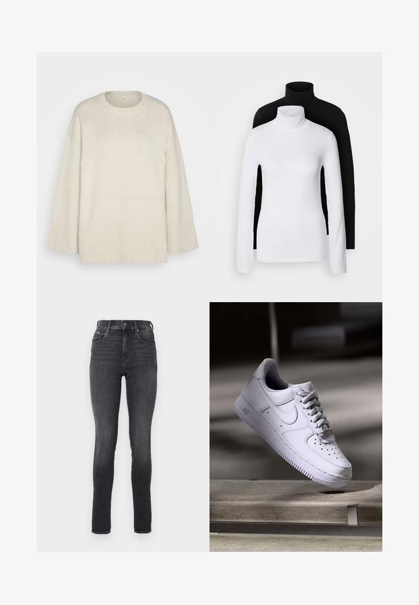 Svijetlo bež pulover napravljen od mekanog pletiva, s okruglim izrezom, spuštenim ramenima i rebrastim detaljima na rubu i rukavima.; Dvije majice s dugim rukavima i visokim ovratnicima, jedna bijela i jedna crna, izrađene su od glatkog, rastezljivog materijala, a obje imaju uski kroj.; Hlače visokog struka, uske, od tamnog sivog trapera, glatke teksture, s prednjim džepovima i metalnim dugmetom za zatvaranje na pojasu.; Bijela Nike Air Force 1 tenisica lebdi iznad betonske površine s sjenama u minimalističkom okruženju.