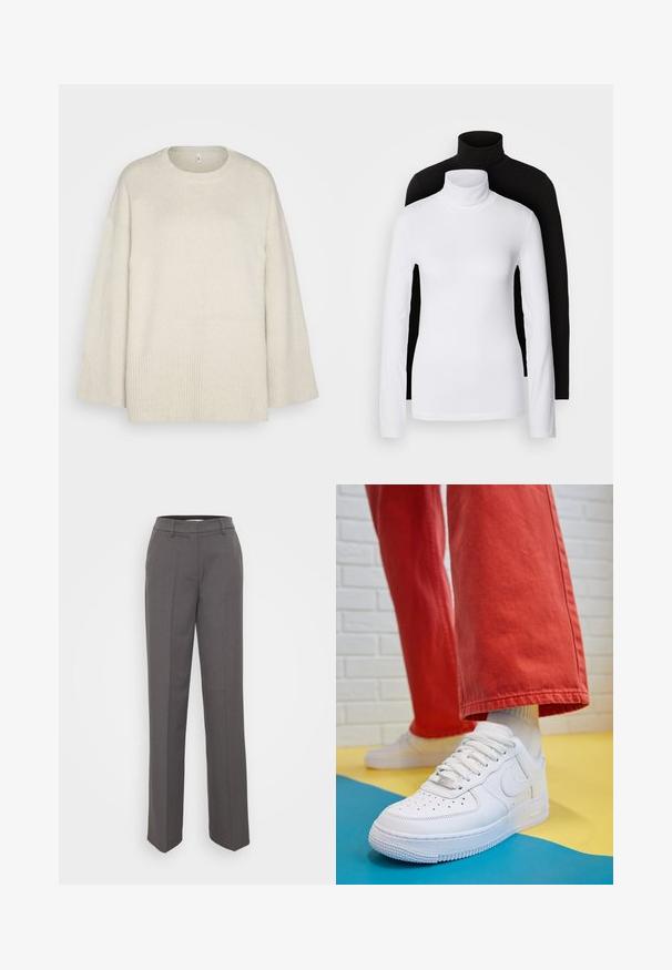 Light beige sweater made of soft knit fabric, with a round neckline, dropped shoulders, and ribbed accents at the hem and sleeves.; Two long-sleeve turtleneck tops, one white and one black, made of a smooth, stretchy fabric, both featuring slim-fitting design and high collars.; Gray tailored trousers with a straight leg design, belt loops, and a smooth fabric texture. No visible patterns or embellishments.; White leather sneaker with perforated toe box, textured sole, and white laces, paired with wide red pants and a blue and yellow background.