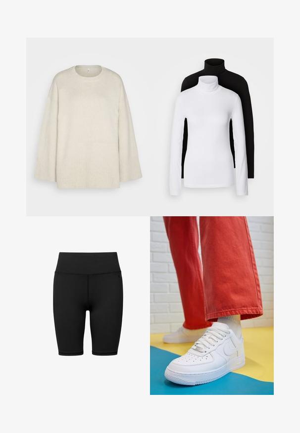 Vaaleanbeige neulepaita, joka on valmistettu pehmeästä neulekankaasta. Siinä on pyöreä kaulus, rosoiset olkapäät ja ribbireunat helmassa ja hihoissa.; Kaksi pitkähihasta turtleneck-paitaa, yksi valkoinen ja yksi musta, valmistettu sileästä, joustavasta kankaasta. Molemmissa on kapean muotoinen malli ja korkea kaulus.; Korkeavyötäröiset mustat pyöräilyshortsit, jotka on valmistettu joustavasta kankaasta ja joissa on litteät saumat ja sileä pinta, suunniteltu mukavuuden takaamiseksi aktiviteettien aikana.; Valkoinen nahkakengät, joissa on rei'itetty varvasosa, teksturoitu pohja ja valkoiset nauhat, yhdistettynä leveisiin punaisiin housuihin ja sinikeltaiseen taustaan.