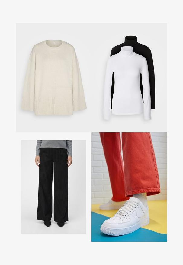 Lys beige genser laget av myk strikket stoff, med rund hals, senkede skuldre og ribbestrikkede detaljer ved kanten og ermene.; To lange ermesskjorter med høy hals, en hvit og en svart, laget av et glatt, elastisk stoff, begge med slim-fit design og høye krager.; Object OBJLISA WIDE - Bukse - black; Hvit lær sneakers med perforert tåboks, teksturert såle og hvite snørebånd, paret med vide røde bukser og en blå og gul bakgrunn.