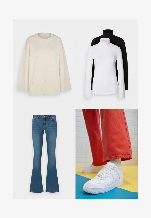 Maglione beige chiaro realizzato in morbido tessuto a maglia, con scollatura rotonda, spalle scese e dettagli a coste sull'orlo e sulle maniche.; Due maglie a manica lunga con collo alto, una bianca e una nera, realizzate in un tessuto morbido e elasticizzato, entrambe con un design aderente e colli alti.; Jeans in denim blu con gamba svasata, vita media, con tasche frontali e chiusura con zip. Texture liscia con leggera scoloritura e dettagli di cucitura a contrasto.; Sneaker bianco in pelle con punta perforata, suola testurizzata e lacci bianchi, abbinati a pantaloni rossi larghi e uno sfondo blu e giallo.