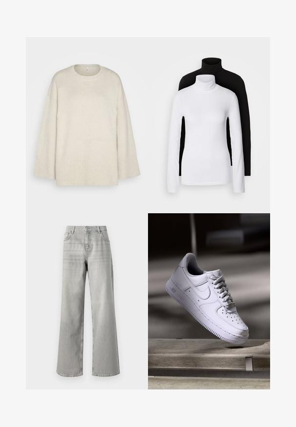 Light beige sweater made of soft knit fabric, with a round neckline, dropped shoulders, and ribbed accents at the hem and sleeves.; Two long-sleeve turtleneck tops, one white and one black, made of a smooth, stretchy fabric, both featuring slim-fitting design and high collars.; Gray wide-leg jeans with a high waist, made of denim. Features two front pockets and a clean, unembellished design.; White Nike Air Force 1 sneaker levitating above a concrete surface with shadows in a minimalist setting.