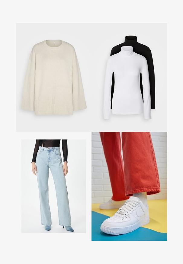 Suéter beige claro hecho de un suave tejido de punto, con cuello redondo, hombros caídos y acentos acanalados en el dobladillo y las mangas.; Dos camisetas de manga larga de cuello alto, una blanca y otra negra, hechas de una tela suave y elástica, ambas con un diseño ajustado y cuellos altos.; Pantalones vaqueros de pierna ancha en azul claro, confeccionados en un suave tejido de denim, con una cintura alta, diseño de cinco bolsillos, costuras visibles y herrajes de botón dorado.; Zapatilla de cuero blanco con caja de dedos perforada, suela texturizada y cordones blancos, combinada con pantalones rojos amplios y un fondo azul y amarillo.