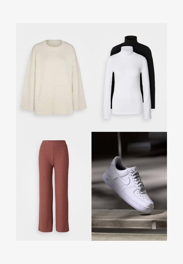 Light beige sweater made of soft knit fabric, with a round neckline, dropped shoulders, and ribbed accents at the hem and sleeves.; Two long-sleeve turtleneck tops, one white and one black, made of a smooth, stretchy fabric, both featuring slim-fitting design and high collars.; Ribbed wide-leg pants in a dusty rose color with an elastic waistband, featuring a soft texture and straight silhouette.; White Nike Air Force 1 sneaker levitating above a concrete surface with shadows in a minimalist setting.