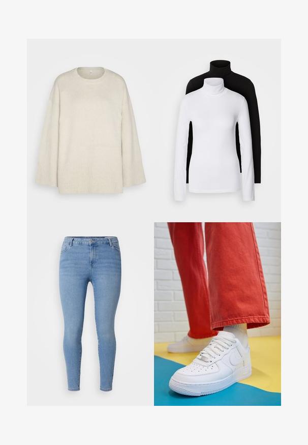 Vaaleanbeige neulepaita, joka on valmistettu pehmeästä neulekankaasta. Siinä on pyöreä kaulus, rosoiset olkapäät ja ribbireunat helmassa ja hihoissa.; Kaksi pitkähihasta turtleneck-paitaa, yksi valkoinen ja yksi musta, valmistettu sileästä, joustavasta kankaasta. Molemmissa on kapean muotoinen malli ja korkea kaulus.; Vaaleansiniset skinny-farkut, joiden materiaali on denim. Farkuissa on klassinen viisi-taskumalli, vetoketjusuljenta ja kapeat lahkeet. Pintakuvio on sileä ja niissä on kevyt kulunut efekti.; Valkoinen nahkakengät, joissa on rei'itetty varvasosa, teksturoitu pohja ja valkoiset nauhat, yhdistettynä leveisiin punaisiin housuihin ja sinikeltaiseen taustaan.