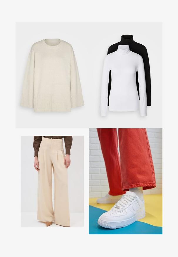 Helle beigefarbene Strickjacke aus weichem Strickmaterial, mit runder Ausschnittform, überschnittenen Schultern und Rippdetails am Saum und an den Ärmeln.; Zwei langärmelige Rollkragenoberteile, eines weiß und eines schwarz, aus einem glatten, dehnbaren Stoff, beide mit schmalem Schnitt und hohem Kragen.; Beige weite Hosen mit hoher Taille, Falten vorne und glatter Textur, kombiniert mit hellen Schuhen.; Weiße Leder-Sneaker mit perforiertem Zehenbereich, strukturiertem Sohlen und weißen Schnürsenkeln, kombiniert mit weiten roten Hosen und einem blauen und gelben Hintergrund.