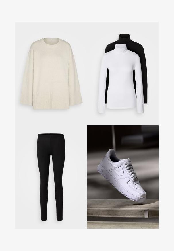 Ljus beige tröja gjord av mjukt stickat tyg, med rund halsringning, sänkta axlar och ribbade detaljer vid nederkant och ärmar.; Två långärmade polotröjor, en vit och en svart, tillverkade av ett mjukt, elastiskt material, båda med en slim-fit design och höga kragar.; Svarta leggings gjorda av ett mjukt, stretchigt material. De har en slim fit med ett elastiskt midjeband och en jämn, matt yta.; Vit Nike Air Force 1-sneaker som svävar ovanför en betongyta med skuggor i en minimalistisk miljö.