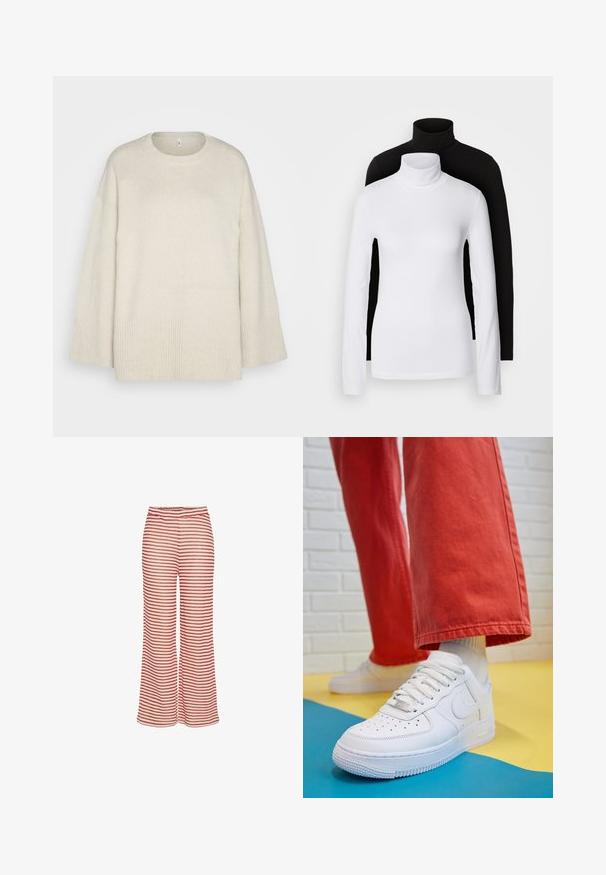Suéter beige claro hecho de un suave tejido de punto, con cuello redondo, hombros caídos y acentos acanalados en el dobladillo y las mangas.; Dos camisetas de manga larga de cuello alto, una blanca y otra negra, hechas de una tela suave y elástica, ambas con un diseño ajustado y cuellos altos.; Pantalones de pierna ancha a rayas en blanco y rojo, con una cintura elástica y una tela suave y texturizada. Corte acampanado con rayas horizontales.; Zapatilla de cuero blanco con caja de dedos perforada, suela texturizada y cordones blancos, combinada con pantalones rojos amplios y un fondo azul y amarillo.