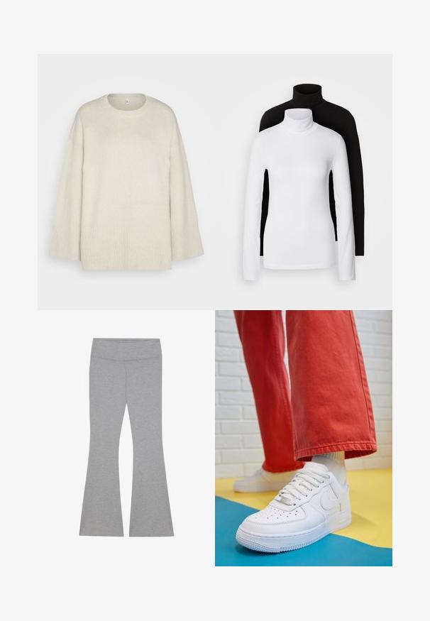 Svetlo bež pulover iz mehkega pletenega materiala, z okroglo izjemo, spuščenimi rameni in rebrastimi detajli na robu in rokavih.; Dva dolge rokave turtleneck majice, ena bela in ena črna, izdelani iz gladkega, raztegljivega materiala, oba imata slim-fit kroj in visoke ovratnike.; Sive flare legice iz mehkega, raztegljivega materiala. Imajo gladek pas in oprijet zgornji del, ki se na robu razširi.; Beli usnjeni športni čevlji s perforiranim prstnim delom, teksturiranim podplatom in belimi vezalkami, v kombinaciji s širokimi rdečimi hlačami in modro-rumeno ozadje.