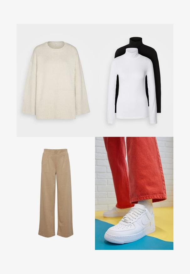 Svetlobežový sveter vyrobený z mäkkej pleteniny, s okrúhlym výstrihom, spadnutými ramenami a rebrovanými detailmi na leme a rukávoch.; Dvoje dlhých rolákov, jeden biely a jeden čierny, vyrobených z hladkej, elastickej tkaniny, obidva so slim-fit strihom a vysokými goliermi.; Bežové nohavice s širokými nohavicami vyrobené z mäkkého materiálu, s dvoma prednými skladmi, elastickým pásom a hladkou textúrou.; Biele kožené tenisky s perforovanou špičkou, textúrovanou podrážkou a bielymi šnúrkami, spárované so širokými červenými nohavicami na modrom a žltom pozadí.