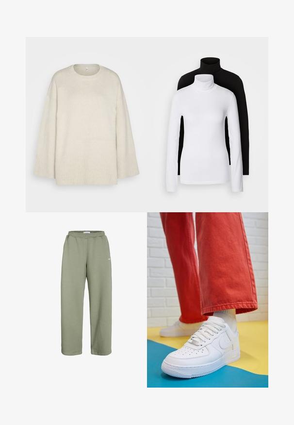 Šviesiai rusvas megztinis, pagamintas iš minkštos pynės medžiagos, su apvaliu iškirpimu, nukritusiais pečiais ir banguotais akcentais ant apačios ir rankovių.; Du kišeninės ilgomis rankovėmis turtleneck marškiniai, vieni balti, kiti juodi, pagaminti iš lygaus, tampraus audinio, abu su siauru figūrą pabrėžiančiu dizainu ir aukštais apykaklėmis.; Olive spalvos sportinės kelnės, pagamintos iš minkštos medvilnės mišinio, su elastinga juosta, laisvu fasonu ir minimalisčių dizainu su mažu logotipu.; Baltos odinės kedų sportbačiai su perforuotu pirštu, tekstūruota pado dalimi ir baltais raišteliais, derinami su plačiomis raudonomis kelnėmis ir mėlynos bei geltonos spalvų fono kompozicija.