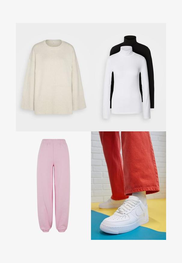 Lys beige genser laget av myk strikket stoff, med rund hals, senkede skuldre og ribbestrikkede detaljer ved kanten og ermene.; To lange ermesskjorter med høy hals, en hvit og en svart, laget av et glatt, elastisk stoff, begge med slim-fit design og høye krager.; Urban Classics FLUFFY - Joggebukse - softpink; Hvit lær sneakers med perforert tåboks, teksturert såle og hvite snørebånd, paret med vide røde bukser og en blå og gul bakgrunn.