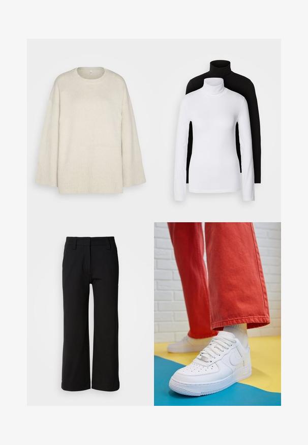 Svetlo bež pulover iz mehkega pletenega materiala, z okroglo izjemo, spuščenimi rameni in rebrastimi detajli na robu in rokavih.; Dva dolge rokave turtleneck majice, ena bela in ena črna, izdelani iz gladkega, raztegljivega materiala, oba imata slim-fit kroj in visoke ovratnike.; Črne široke hlače iz gladkega materiala. Imajo ravno sprednjo stran, zanko za pas in čist rob brez žepov ali vidnih zapirali.; Beli usnjeni športni čevlji s perforiranim prstnim delom, teksturiranim podplatom in belimi vezalkami, v kombinaciji s širokimi rdečimi hlačami in modro-rumeno ozadje.