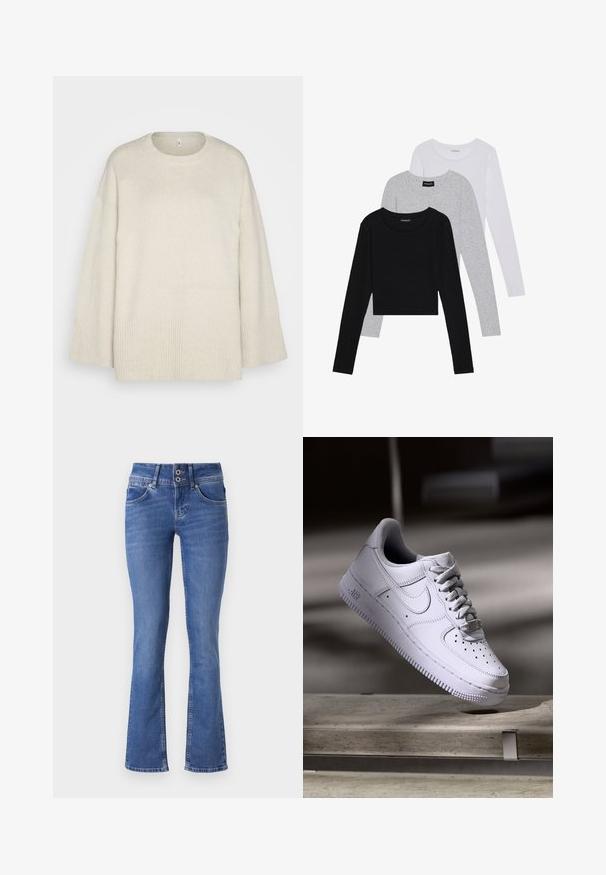Suéter beige claro hecho de un suave tejido de punto, con cuello redondo, hombros caídos y acentos acanalados en el dobladillo y las mangas.; Tres camisetas de manga larga apiladas: negra, gris y blanca. Cada una tiene un escote redondo y un diseño recortado con una tela suave y ligera.; Jeans de denim azul con un diseño de pierna acampanada, que cuenta con un cierre de dos botones, cinco bolsillos y un leve efecto desgastado en el frente.; Zapatilla Nike Air Force 1 blanca levitando sobre una superficie de hormigón con sombras en un entorno minimalista.