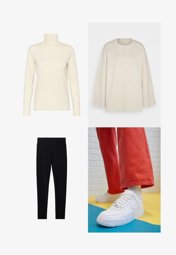 Light beige sweater made of soft knit fabric, with a round neckline, dropped shoulders, and ribbed accents at the hem and sleeves.; Long-sleeve turtleneck top in off-white, made from soft, stretch fabric. Fitted design with smooth texture and minimal stitching details.; Black stretchy leggings with a wide, soft waistband, featuring a smooth texture and a fitted silhouette, suitable for various activities.; White leather sneaker with perforated toe box, textured sole, and white laces, paired with wide red pants and a blue and yellow background.