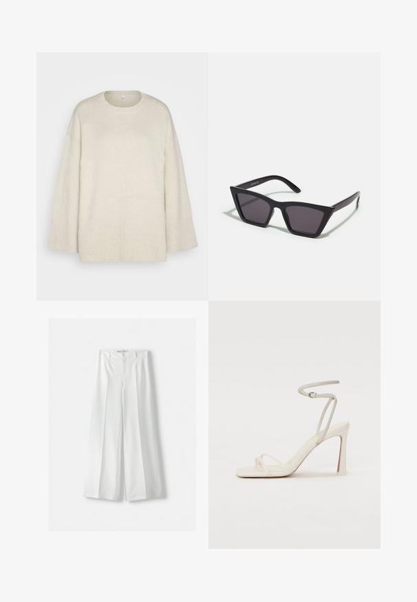 Pull léger beige en tissu tricot doux, avec un col rond, des épaules tombantes et des accents côtelés au bas et aux manches.; Bershka WIDE-LEG TAILORED - Pantalon classique - white; Sandale à talon blanche avec une fine lanière de cheville et deux lanières à l'avant. Texture en cuir lisse avec un orteil carré et un talon brillant.; Lunettes noires angulaires avec des verres gris ; fabriquées en plastique, avec des branches épaisses à la surface lisse et sans matériel visible.