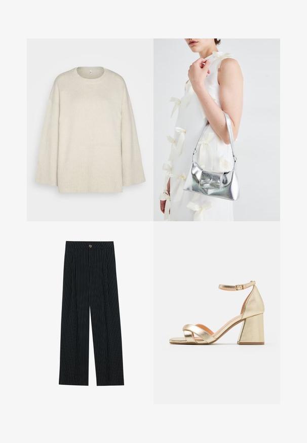 Light beige sweater made of soft knit fabric, with a round neckline, dropped shoulders, and ribbed accents at the hem and sleeves.; Black pinstriped wide-leg trousers made of textured fabric, featuring a front button closure and pleated design for added interest.; Gold metallic heeled sandals with a block heel, open toe, and crisscross strap design. Ankle strap features a buckle closure.; Silver metallic handbag with a structured shape, featuring a top handle and bow detail on the front. Smooth texture, reflective finish.