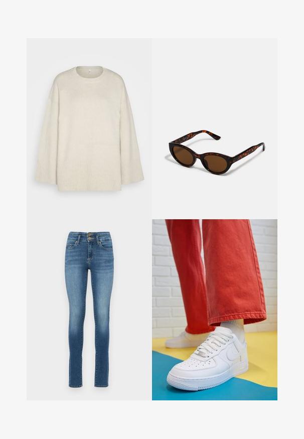 Hele beež svetar, mis on valmistatud pehmest kudumiskangast, ümmarguse kaelusega, langetatud õlgadega ja ribakujuliste detailidega hemmi ja varrukate ääres.; Sinine teksapüksid, kitsad ja kõrge vöökohaga, millel on kaks esimest nööpauku, kerge kulumine ja tavalised taskud. Sile tekstuur, sirged jalad.; Valge nahast tennis, millel on perforeeritud varvas, tekstureeritud tallad ja valged shoelaces, kombineeritud laia punase pükste ja sinise ning kollase taustaga.; Pruunid kilpkonnamustriga päikeseprillid, mille vintage-kassikujuline kuju ja pruunid läätsed. Omavad kaardus varsi punaste aktsentidega.; Kuldne rõngassõrmused sileda ja läikiva viimistlusega. Ringikujuline disain, millel on väike post ja selge tagumine külg, et tagada kindel kandmine.