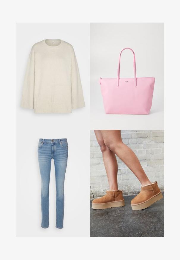 Gaišs beidzis džemperis, kas izgatavots no mīksta adījuma, ar apaļu kakla izgriezumu, nolaistām plecu līnijām un ribotām apdari ap apakšmalu un piedurknēm.; Gaiši zili skinny džinsi no denima, ar klasisku piecu kabatu dizainu, vidēja augstuma jostasvietu un vieglu nodilumu gar kājām.; Brūni zamšāda potītes zābaki ar mīkstu oderi, biezu bēša krāsas platformas zoli un aizmugurē esošu cilpu. Tekstūrēta virsma ar redzamām šuvēm.; Rozā iepirkumu soma, kas izgatavota no teksturēta materiāla, ar divām garām rokturiem un iepresētu logo uz priekšpuses. Ar rāvējslēdzēju aizverama augšdaļa.