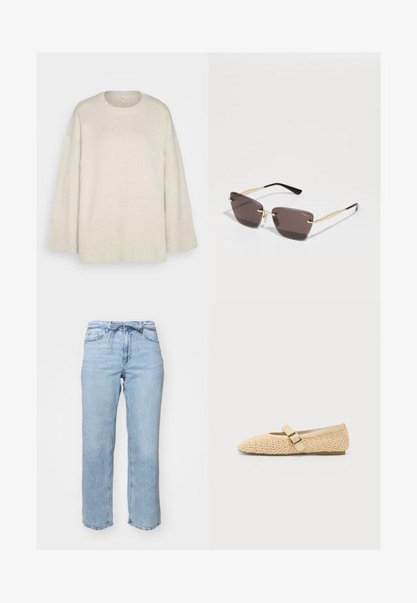 Šviesiai rusvas megztinis, pagamintas iš minkštos pynės medžiagos, su apvaliu iškirpimu, nukritusiais pečiais ir banguotais akcentais ant apačios ir rankovių.; Šviesiai mėlyni džinsai su laisvu tiesiu kirpimu, penkiais kišeniais ir liemeniu su diržo kilpomis. Nusidėvėjęs paviršius su švelniu išblukimu.; Beige nertiniai balerinų bateliai su smailiu pirštu, dekoruotu užsegimu ir žemu profiliu. Minkšta tekstūra su paprastu dizainu.; Rudos atspalvių kvadratiniai saulės akiniai su auksiniais metaliniais akcentais, turintys plonas, kampuotas triunaku formas. Ant lęšių išgraviruotas logotipas.; Geltona klostuota rankinė, pagaminta iš lygaus dirbtinio odos, su minkšta forma, vienu peties dirželiu ir surinktu viršumi.