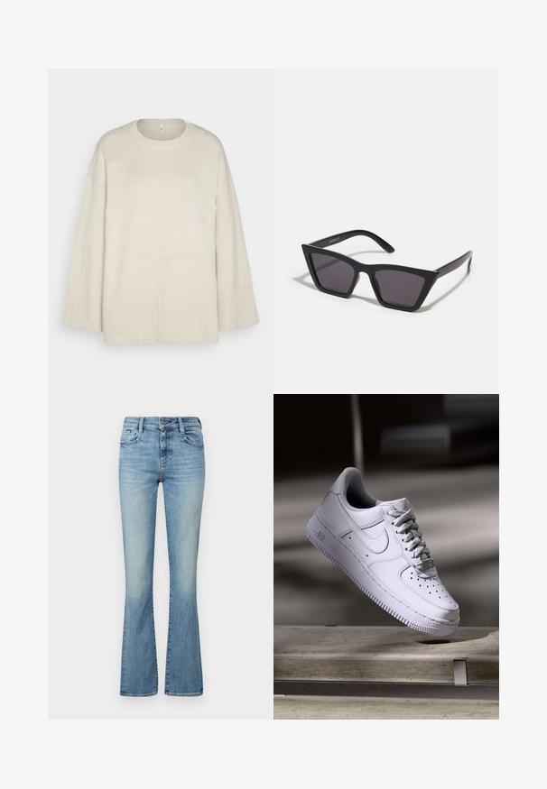 Svetlo bež pulover iz mehkega pletenega materiala, z okroglo izjemo, spuščenimi rameni in rebrastimi detajli na robu in rokavih.; Svijetloplavi traper flared traperice, s srednje visokim strukom, prednjim džepovima i izblijedjelim završnim obradama. Klasičan dizajn s pet džepova i detaljima šivanja.; Nike Sportswear AIR FORCE 1 07 - Športni copati - white; Črne, angularne sončne očala z sivimi lečami; izdelana iz plastike, imajo debele ročke z gladko površino in brez vidne opreme.