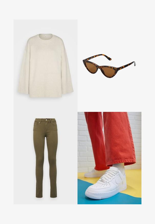 Világos bézs pulóver puha kötött anyagból, kerek nyakkivágással, eséses vállakkal és bordás díszítéssel az alján és az ujjak végén.; Olívazöld, slim-fit farmernadrág pamut keverékből, standard derékkal, öt zsebbel és finom varrási részletekkel az illesztések mentén.; Fehér bőr edzőcipő perforált orral, texturált talppal és fehér fűzővel, széles vörös nadrággal párosítva, kék és sárga háttérrel.; Cica szemüveg fekete és narancssárga teknőc pánttal, barna lencsékkel és sima, hegyes végekkel. A templomán egy minimalista logó található.