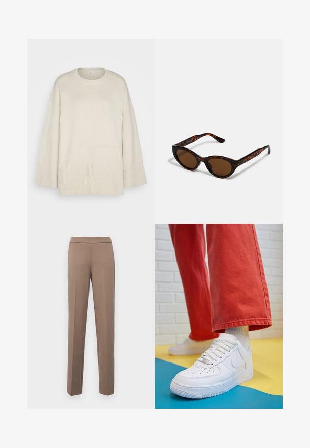 Világos bézs pulóver puha kötött anyagból, kerek nyakkivágással, eséses vállakkal és bordás díszítéssel az alján és az ujjak végén.; Barna, testhezálló nadrág sima, rugalmas anyagból. Egyenes szár és lapos derékrész látható fémrészletek vagy zsebek nélkül.; Fehér bőr edzőcipő perforált orral, texturált talppal és fehér fűzővel, széles vörös nadrággal párosítva, kék és sárga háttérrel.; Barna teknősbéka napszemüveg vintage macska szemformával és barna lencsékkel. Íves karokkal rendelkezik, amelyek piros részletekkel vannak ellátva.; Arany fülbevalók sima, fényes felülettel. Kör alakú dizájn, amely kis kapoccsal és átlátszó tartozékkal rendelkezik a biztonságos viselés érdekében.