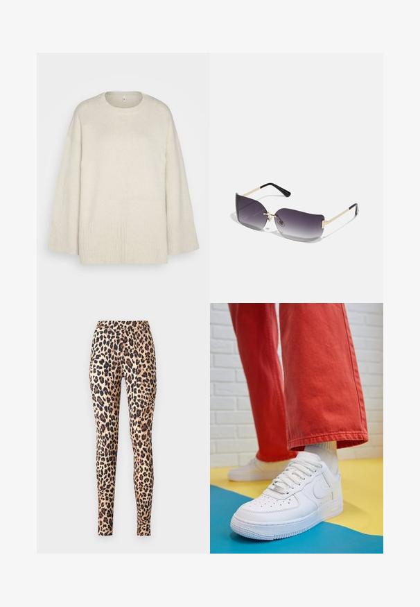 Suéter beige claro hecho de un suave tejido de punto, con cuello redondo, hombros caídos y acentos acanalados en el dobladillo y las mangas.; ONLY ONLKIM - Leggings - cuban sand; Zapatilla de cuero blanco con caja de dedos perforada, suela texturizada y cordones blancos, combinada con pantalones rojos amplios y un fondo azul y amarillo.; Gafas de sol con lentes de graduación gris, montura metálica dorada y acentos de plástico negro. Lentes con una forma de mariposa única y varillas delgadas.; Aretes de aro de oro con un acabado suave y brillante. Diseño circular que presenta un pequeño post y un respaldo transparente para un uso seguro.