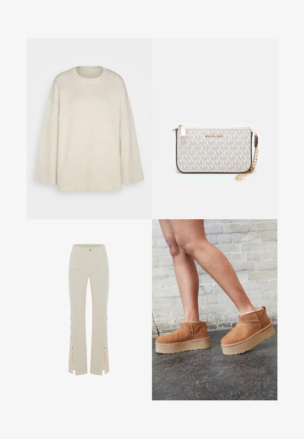 Vaaleanbeige neulepaita, joka on valmistettu pehmeästä neulekankaasta. Siinä on pyöreä kaulus, rosoiset olkapäät ja ribbireunat helmassa ja hihoissa.; Beige löysät housut, joissa on istuva vyötärö, etutaskut ja sivurei'ät, joissa on kultaiset napit alas lahkeissa.; Ruske mokasine do gležnja od nubuk kože s mekim podstavom, debelim bež platformama i stražnjim držačem. Teksturirana površina s vidljivim detaljima šavova.; Michael Kors kääröbeige pinnoitettua kangasta, jossa on toistuva MK-logo -kuvio, kultaiset yksityiskohdat ja irrotettava ketjuhihna.; Kultaiset metalliset korvakorut, joissa on aaltoileva muotoilu; sileä, heijastava pinta; epäsymmetrinen muoto; ei näkyviä kuvioita tai mekanismeja.