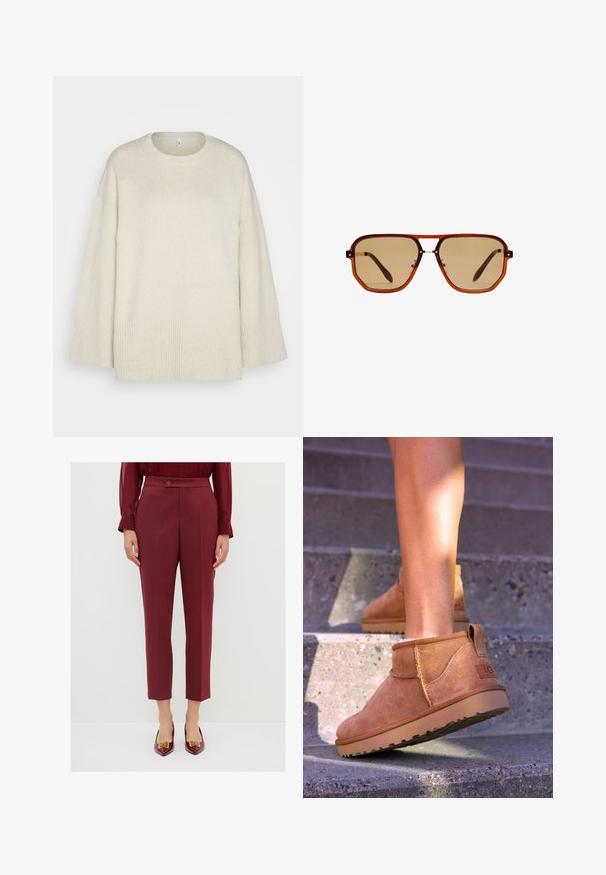 Maglione beige chiaro realizzato in morbido tessuto a maglia, con scollatura rotonda, spalle scese e dettagli a coste sull'orlo e sulle maniche.; Pantaloni su misura color borgogna con una texture liscia, dotati di chiusura a bottone, frontale plissè e lunghezza croppata. Abbinati a scarpe con punta affilata.; Stivali alla caviglia in suede beige con una consistenza morbida, dettagli cuciti e suola in gomma, dotati di un tacco ad anello per una facile vestibilità.; Occhiali da sole ottagonali marroni con montatura trasparente color ambra e lenti sfumate marroni. Caratterizzati da un accento metallico sul ponte e stecche sottili.