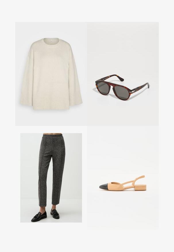 Pull léger beige en tissu tricot doux, avec un col rond, des épaules tombantes et des accents côtelés au bas et aux manches.; Pantalon gris à motifs avec une texture lisse, doté d'une taille haute et d'une coupe droite, associé à des mocassins noirs.; Ballerines à bride arrière en cuir beige avec un bout pointu noir, un petit talon carré et des sangles croisées sur les côtés. Texture lisse.; Lunettes de soleil écaille de tortue avec des verres gris. Monture en plastique lisse, forme arrondie, accents en métal sur les branches. Surface réfléchissante.