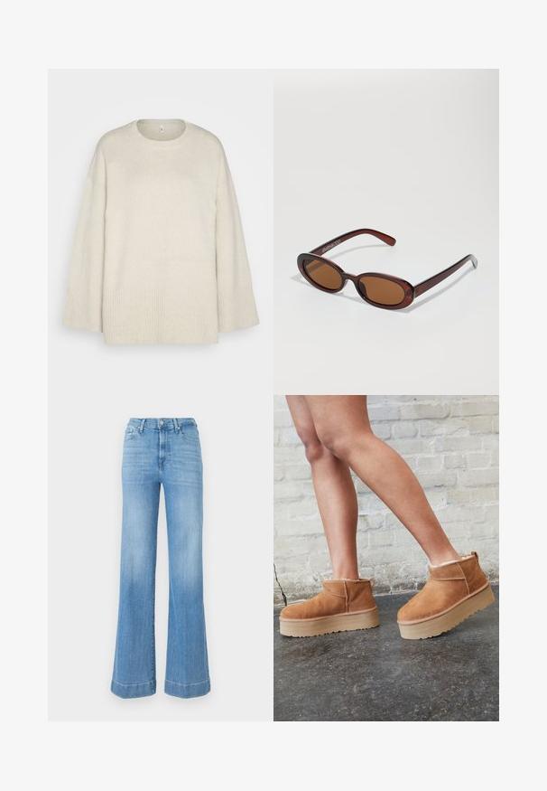 Svetle béžový svetr vyrobený z měkké pleteniny, s kulatým výstřihem, spadlými rameny a žebrovanými detaily na lemu a rukávech.; Světle modré široké džíny s vysokým pasem, vyrobené z denimu. Mají zapínání na knoflíky, minimální zesvětlení a ohrnuté nohavice na lemu.; Hnědé semišové kotníkové boty s měkkou podšívkou, silnou béžovou platformou a zadním poutkem. Texturovaný povrch s viditelnými švy.; Kulaté sluneční brýle hnědé barvy s lesklým burgundským rámem. Úzké nožičky s jemným logem. Rovné čočky.; Žlutá skládací kabelka vyrobená z hladké umělé kůže, s jemným tvarem, jedním ramenním popruhem a designem s nařaseným vrškem.