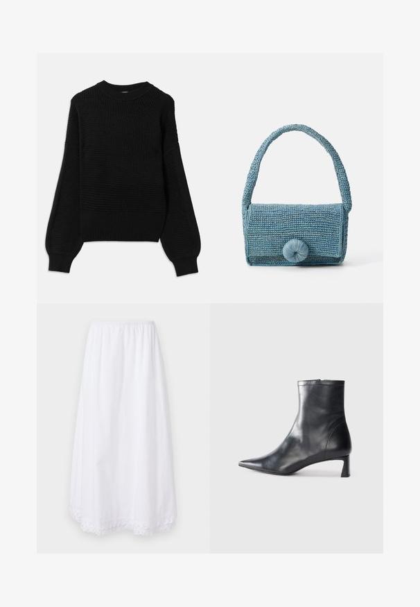 Maglione nero con un design a maglia testurizzata, scollatura a girocollo a coste e maniche a palloncino oversize con finitura liscia.; Gonna bianca in cotone con vita elasticizzata e bordo in pizzo all'orlo, caratterizzata da un design fluido e lungo fino al ginocchio.; Stivaletto in pelle nera con punta affusolata e design elegante. Presenta un tacco basso e una chiusura con zip sul retro. Texture liscia.; Borsa blu intrecciata con superficie texturizzata, forma rettangolare, manico corto e un grande dettaglio di chiusura rotonda sul davanti.