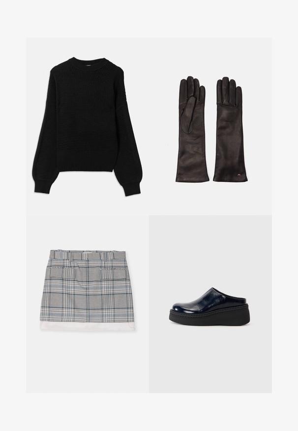 Svart tröja med en texturerad stickad design, ribbad rund halsringning och överdimensionerade ballongärmar med en mjuk finish.; Rutiga mini kjol i svart, vitt och blått. Har två framfickor och en solid vit fåll. Lättviktig tyg med en slät textur.; Mörkblå lackläderträskor med en slät finish, med en tjock svart plattformssula och synlig sömnad längs botten.; Weekend Max Mara SENAPE - Fingervantar - nero