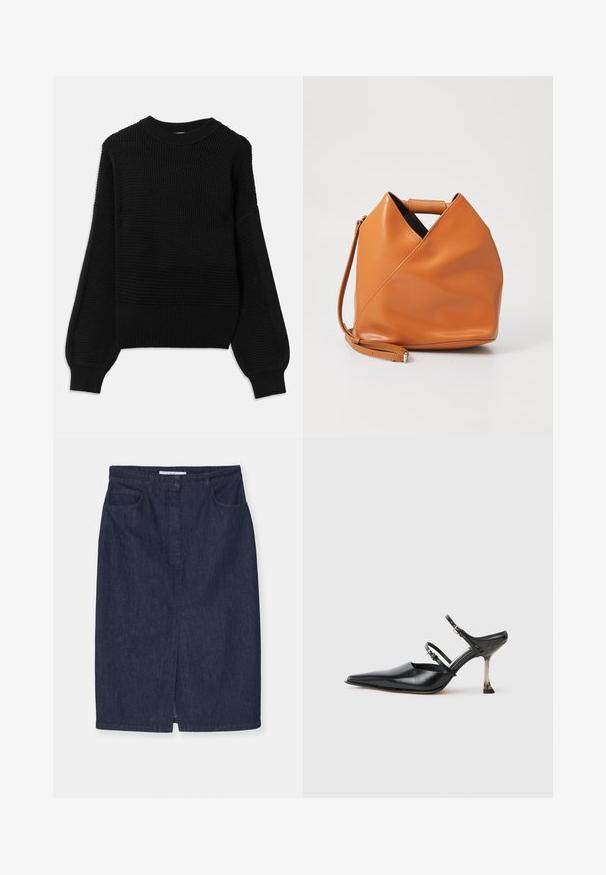 Black sweater featuring a textured knit design, ribbed crew neckline, and oversized balloon sleeves with a smooth finish.; Dark denim pencil skirt with a front slit, two side pockets, and a regular waistband. Clean seams and classic cut without embellishments.; Black leather point-toe slingback shoe with two adjustable straps and a metallic heel. Smooth texture and minimalist design.; Tan leather handbag with unique triangular fold design, top handle, and detachable shoulder strap on white background.