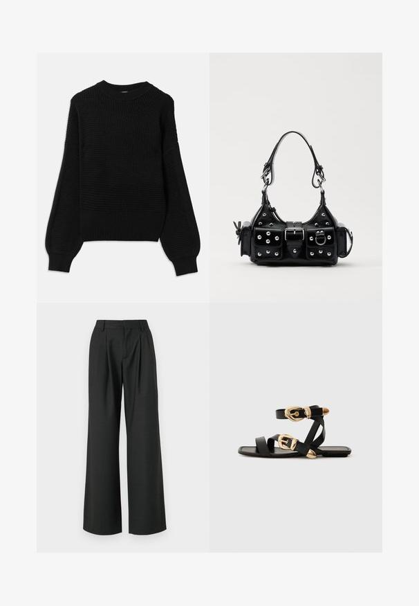 Juodas megztinis su tekstūru, su raukšlėta apykakle ir per didelėmis palaidinėmis, turinčiomis lygaus paviršiaus apdailą.; Won Hundred CAMILLE TROUSERS - Kelnės - licorice; Juodos odinės šlepetės su auksiniais sagtelėmis, turinčios daugybę dirželių ir plokščią padą, skirtos atviriems pirštams.; Juodas odinis rankinukas su kreiviu dizainu, su sidabro spalvos knopkėmis, užsegimu ir dviem šoninėmis kišenėmis. Reguliuojama dirželis nešimui.