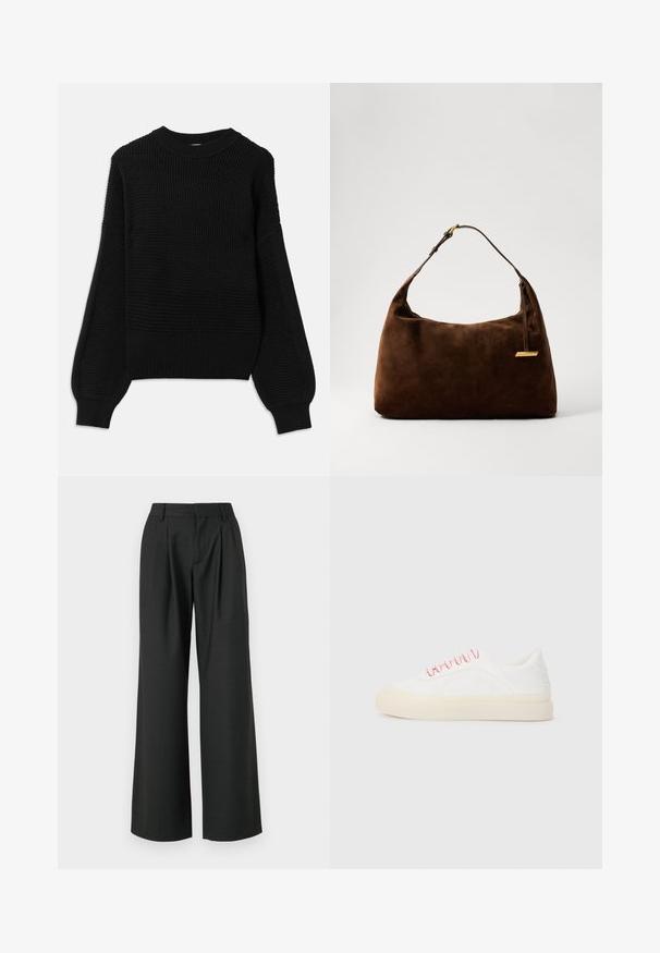 Mustmust, mille tekstuuriga kudumisega, ribatustatud ümar kaelus ja ülekaalulised balloonvarrukad sujuva lõppega.; Won Hundred CAMILLE TROUSERS - Püksid - licorice; Valged treeningjalatsid roosa paela, mis on valmistatud siledast nahast, ümarate varvaste ja beeži kummitaldiga, sisaldavad õmblusdetailide. ; Pruunist suede'ist õlakott, millel on kaarduv kuju, millel on kuldne aksessuaar ja üks reguleeritav rihm. Sujuv tekstuur minimaalsete detailidega.