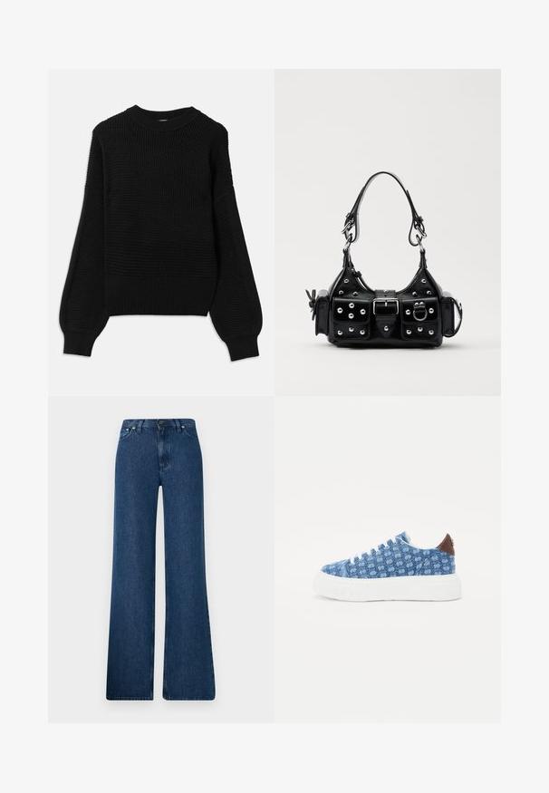 Juodas megztinis su tekstūru, su raukšlėta apykakle ir per didelėmis palaidinėmis, turinčiomis lygaus paviršiaus apdailą.; Mėlynos džinsinės plačios kelnės su aukštu liemeniu, penkių kišenių dizainu ir metaliniu mygtuko užsegimu. Lygus paviršius, kasdienis stilius ir minimalus siuvinėjimas.; Denimo sportbačiai su šešiakampio raštu, balta guma padais ir rudu odiniu kulno akcentu. Savybės - baltos raišteliai ir apvalus pirštas.; Juodas odinis rankinukas su kreiviu dizainu, su sidabro spalvos knopkėmis, užsegimu ir dviem šoninėmis kišenėmis. Reguliuojama dirželis nešimui.