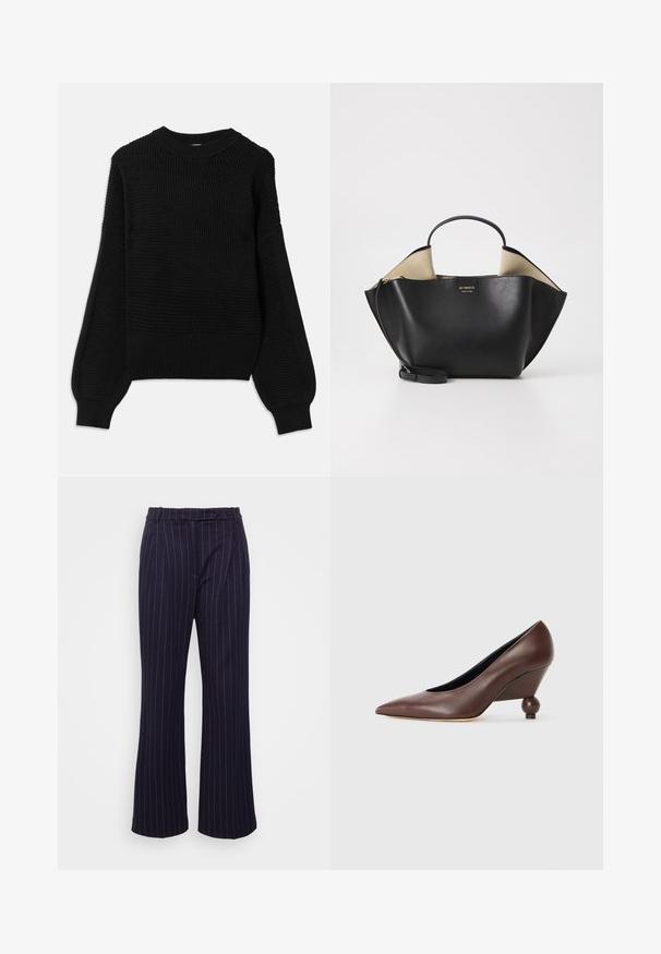 Musta neulepaita, jossa on teksturoitu neulontasuunnittelu, ribbausaukko kaula-aukossa ja ylisuurilla ilmapallo hihoilla, joissa on sileä viimeistely.; DESIGNERS REMIX ZOE PANTS - Housut - navy/white; Ruskeat nahkakengät, joissa on viistopohja, kärjessä terävä muoto ja pyöreä, pallomainen korko. Pintamateriaali on sileä, ja design on yksinkertainen, minimaalisin yksityiskohdin.; Ree Projects ANN TOTE MINI - Käsilaukku - black