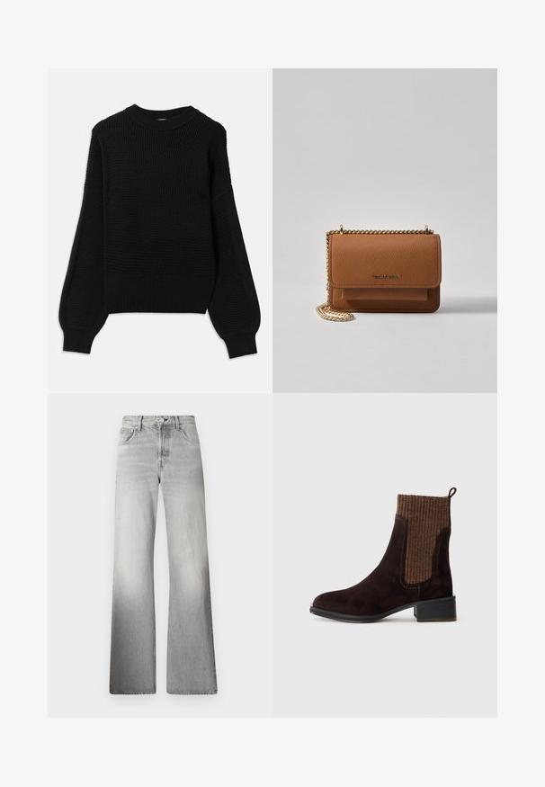 Pulover negru cu un design tricotat texturat, decolteu rotund cu bordură, și mâneci balon supradimensionate cu o finisare netedă.; Blugi din denim gri, cu croi larg, talie înaltă, textură estompată, cinci buzunare și fermoar cu sistem de închidere cu buton.; Botine din suede maro, cu un superior din tricot ribflat maro texturat, cu finisaj neted, toc mic și o bucată de prindere la călcâi pentru a facilita purtarea.; Geantă crossbody din piele texturată maro, cu curea din lanț aurit și închidere cu clapetă. Partea din față prezintă detalii cu logo și o buzunar sub clapetă.